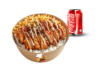 Riz long parfum�, sauce crousty, cordon bleu coup� en morceaux, sauce alg�rienne, oignons crispy, persil hach� 
+ 1 Coca cola 33cl.