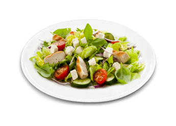 Salade, tomates cerises, filet de poulet pan, potatoes, emmental.
