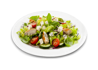 Salade, tomates cerises, filet de poulet pan, potatoes, emmental.

